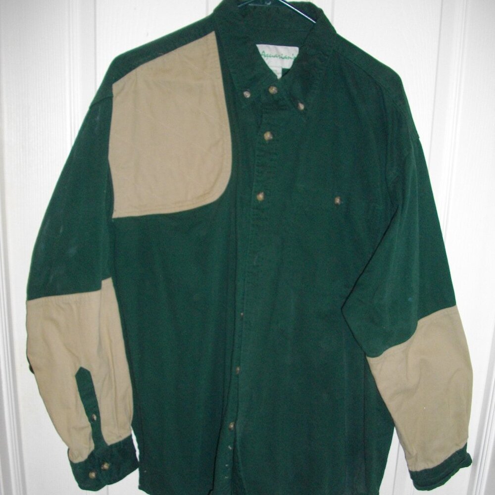 Aquarian's XL Reg hunter green and tan long sleeve hunting shirt.